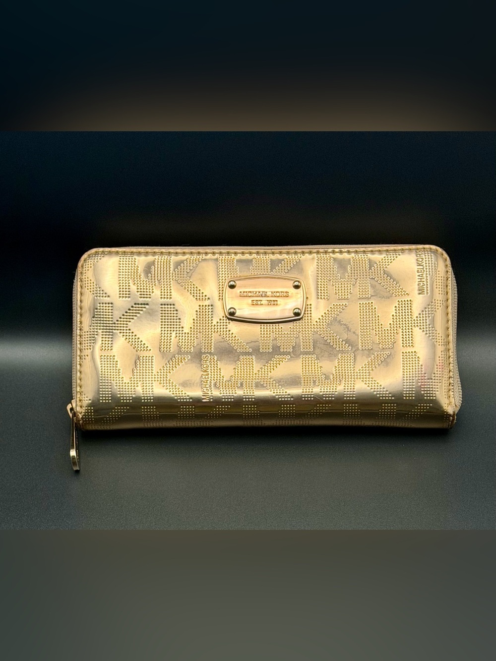 Michael Kors Metallic Gold MK Logo Zip Around Continental Wallet - Picture 2 of 11